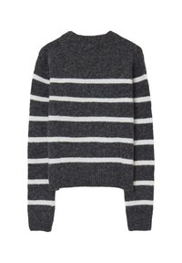 Pull en laine gris foncé avec des rayures blanches horizontales sur la poitrine, les manches et le corps, vu de dos.