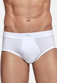 White cotton briefs featuring a stretchy waistband and a fitted design, with smooth texture and minimal stitching details on the front.