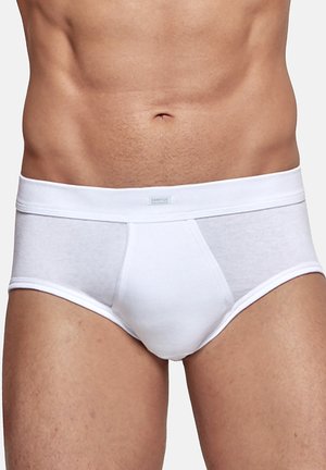 White cotton briefs featuring a stretchy waistband and a fitted design, with smooth texture and minimal stitching details on the front.