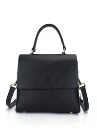 Black leather handbag with a textured surface, structured design, top handle, and an adjustable shoulder strap. Features a magnetic closure.