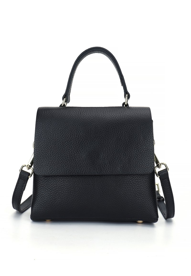 Black leather handbag with a textured surface, structured design, top handle, and an adjustable shoulder strap. Features a magnetic closure.
