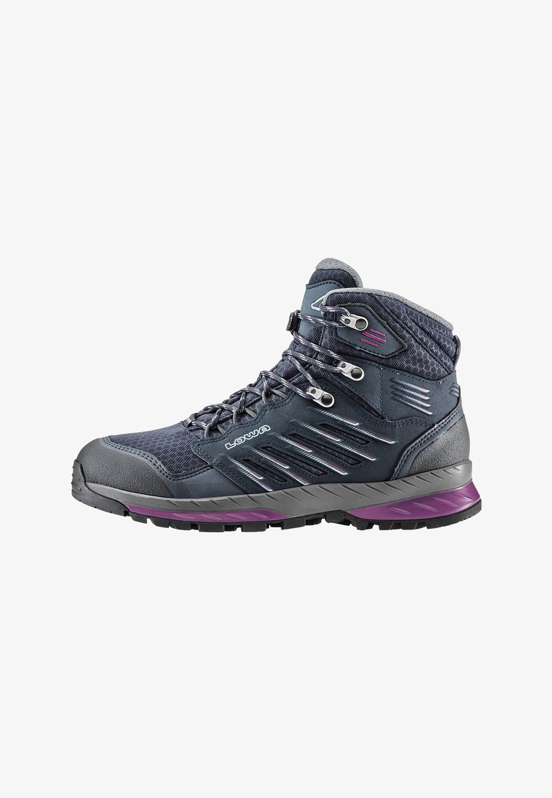 Scarponi da trekking a metà gamba in blu scuro e grigio, con una superficie texturizzata, dettagli in viola, occhielli in metallo e una suola in gomma robusta.