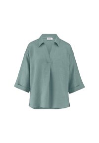 Blusa in lino verde chiaro con scollatura a V, maniche corte e risvolti. Caratterizzata da una vestibilità ampia e un orlo dritto. Senza motivi o dettagli visibili.