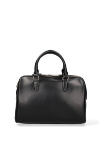 Sac à main en cuir noir avec deux poignées arrondies, fermeture zippée et texture lisse. Présente des coutures discrètes et une construction robuste.