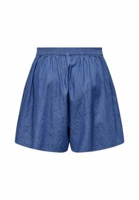 Shorts in denim con vita elastica, caratterizzati da una vestibilità morbida, una texture liscia e un colore blu scuro uniforme.