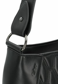 Black leather bag featuring a textured hexagonal pattern, silver metal hardware, and a wide strap with a snap button. Gabor logo embossed.