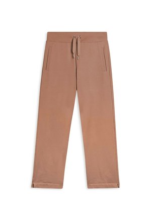 Pantaloni in cotone color sabbia con vestibilità rilassata, caratterizzati da un elastico in vita con cordoncino, due tasche laterali e spacchi all'orlo.