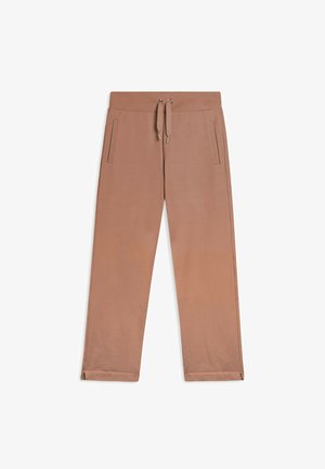 Pantalones de algodón color canela con un ajuste relajado, que cuentan con una cintura elástica con cordón ajustable, dos bolsillos laterales y aberturas en los dobladillos.