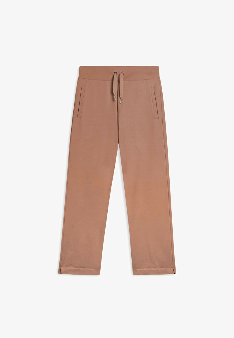 Pantalones de algodón color canela con un ajuste relajado, que cuentan con una cintura elástica con cordón ajustable, dos bolsillos laterales y aberturas en los dobladillos.
