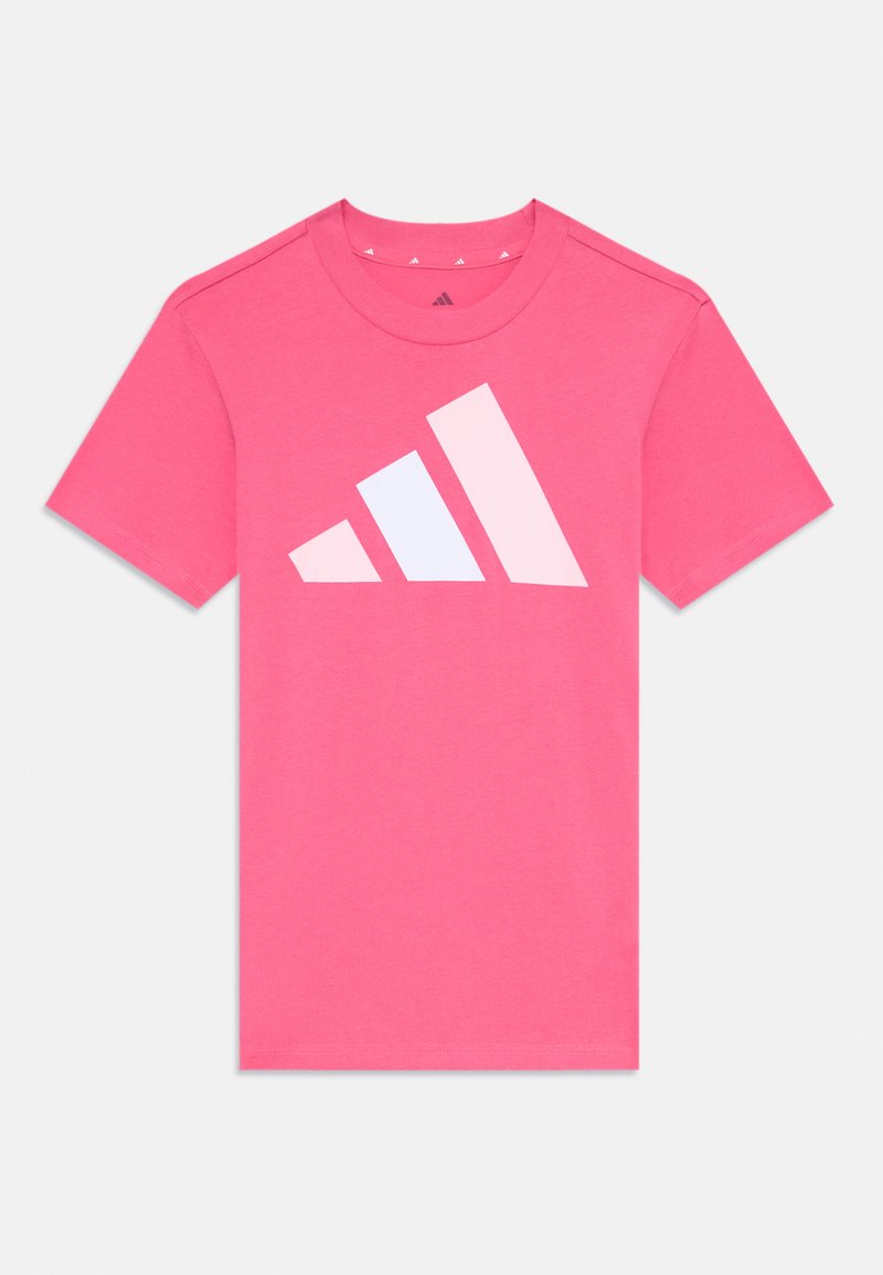 Pink cotton t-shirt featuring a large white and pastel logo design, crew neck, and short sleeves. Smooth texture with a casual fit.