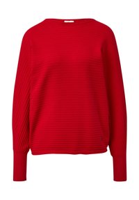 Roter gerippter Pullover mit langen Ärmeln, Rundhalsausschnitt und strukturiertem Muster. Verfügt über einen leicht lockeren Schnitt und minimalen Markenschriftzug.