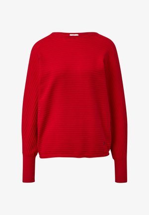 Red ribbed sweater with long sleeves, round neckline, and a textured pattern. Features a slightly loose fit and minimal branding detail.