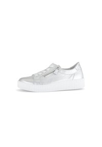Silver synthetic sneakers with a smooth texture, featuring a front lace closure and a side zipper, on a white rubber sole.