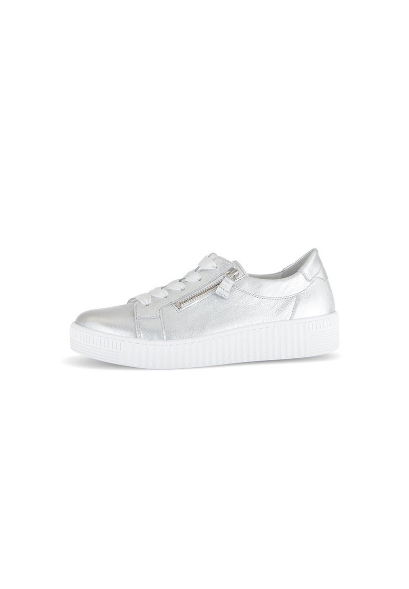 Silver synthetic sneakers with a smooth texture, featuring a front lace closure and a side zipper, on a white rubber sole.
