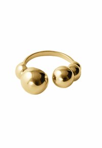 Anillo de oro con tres cuentas esféricas, superficie lisa, diseño de banda abierta, acabado pulido y una transición sin costura entre las cuentas y la banda.