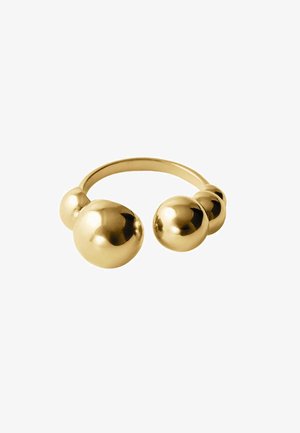 Anillo de oro con tres cuentas esféricas, superficie lisa, diseño de banda abierta, acabado pulido y una transición sin costura entre las cuentas y la banda.