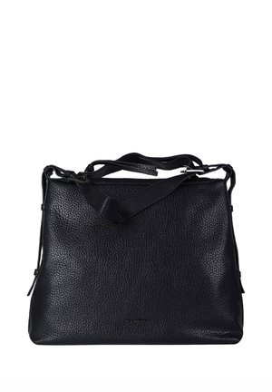 Borsa a mano in pelle nera con finitura testurizzata, dotata di doppi manici e tracolla regolabile. Forma rettangolare con chiusura a zip.