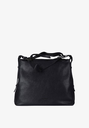 Borsa a mano in pelle nera con finitura testurizzata, dotata di doppi manici e tracolla regolabile. Forma rettangolare con chiusura a zip.