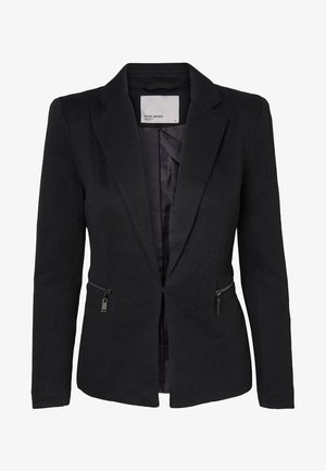 Blazer nero aderente con rever con intaglio, maniche lunghe, due tasche laterali con zip e fodera interna liscia.