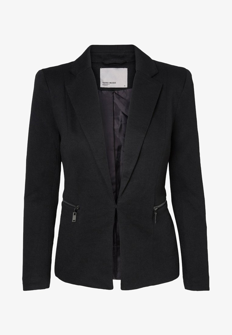 Blazer noir cintré avec revers crantés, manches longues, deux poches latérales zippées et une doublure intérieure lisse.