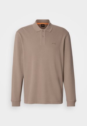 Long-sleeve taupe polo shirt made of ribbed fabric, featuring a collar, three-button placket, and subtle brand logo on the chest.