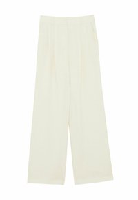 Pantalones de pierna ancha en color crema, con una cintura alta, detalles de pliegues y bolsillos laterales. Confeccionados en una tela suave y ligera.
