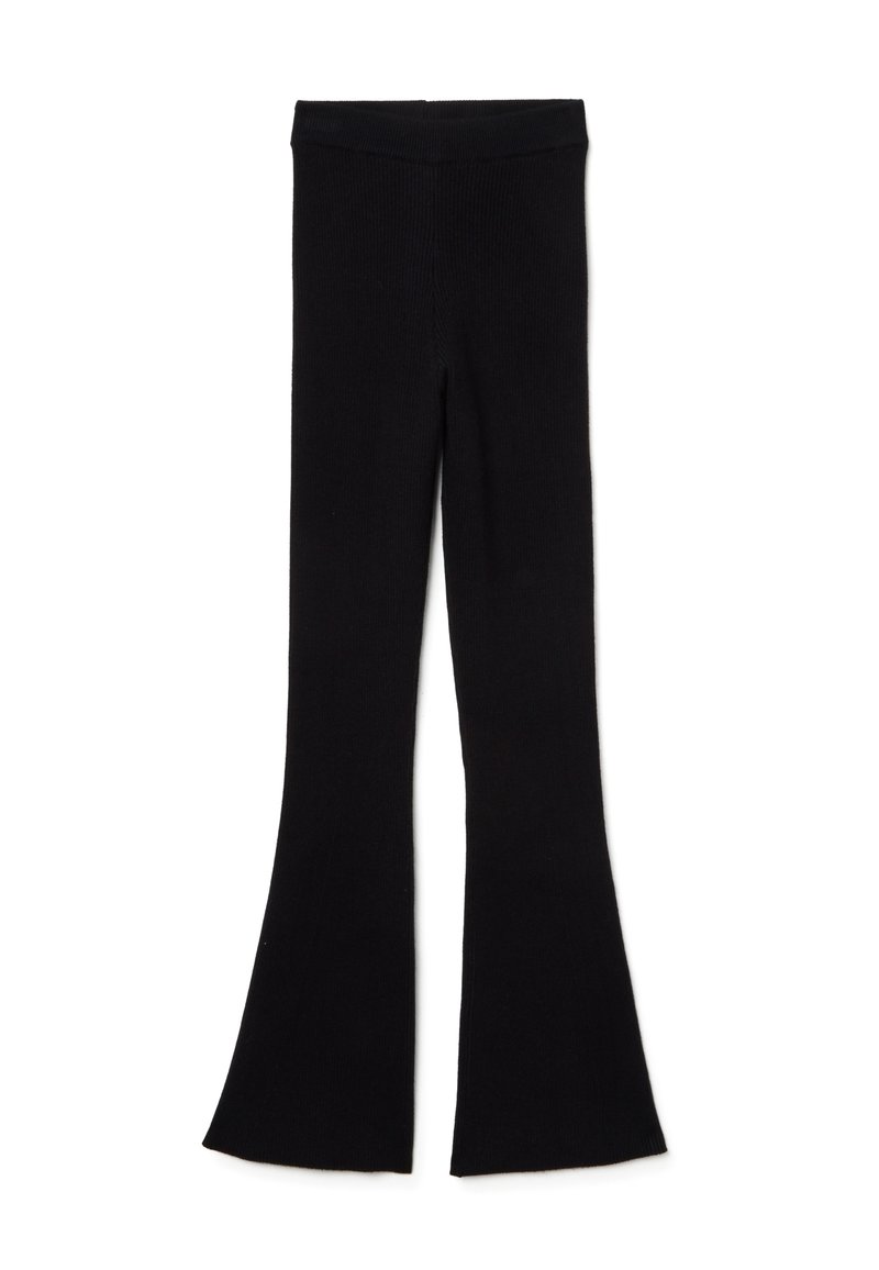 Pantaloni neri a zampa d'elefante con un alto busto e un tessuto morbido e strutturato. Le gambe si allargano in modo drammatico dal ginocchio all'orlo.