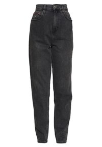 Černé džíny s vysokým pasem a rovnými nohavicemi, vyrobené z denimu, s oranžovým švem, pěti kapsami a předním zapínáním na knoflík.