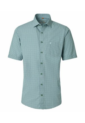 Kurzärmeliges Hemd mit Knopfleiste und kleinem blauem geometrischem Muster auf hellgrünem Stoff, mit Standardkragen und Knöpfen vorne.