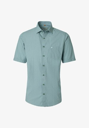 Koszula na krótki rękaw zapinana na guziki z małym niebieskim geometrycznym wzorem na jasnooliwkowej tkaninie, z klasycznym kołnierzykiem i guzikami z przodu.
