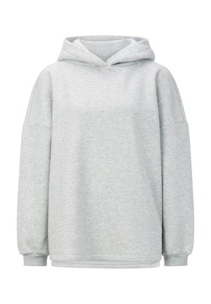 Svetlošedá mikina z mäkkého materiálu, s klokankou, kapucňou so šnúrkou a voľnými rukávmi s manžetami.