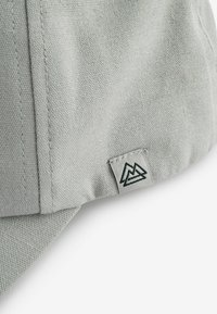Grå keps med en strukturerad tygtextur, med en grön broderad bergslogotyp på sidan och rak, strukturerad skärm.