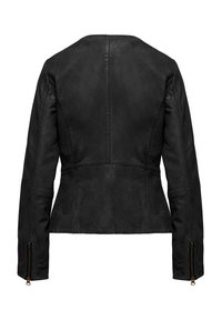 Giubbotto di pelle nera, design attillato, texture liscia, con colletto alto e polsini con zip, particolare cucitura sul retro e senza ulteriori decorazioni.