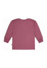 Langmouw shirt in gedempt mauve, gemaakt van zachte katoen. Kenmerkt zich door ribgebreide manchetten en een ronde hals, met een klein label aan de lagere linkerkant.