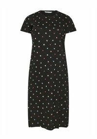 Svart klänning med korta ärmar, prydd med ett stjärnmönster i rosa, blått och vitt över tyget. Tillverkad av mjukt, elastiskt material.