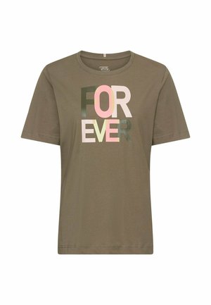 Olivengrøn bomulds T-shirt med korte ærmer og rund hals. Foran har den flerfarvet tekst "FOR EVER" i pink, grøn og hvid.
