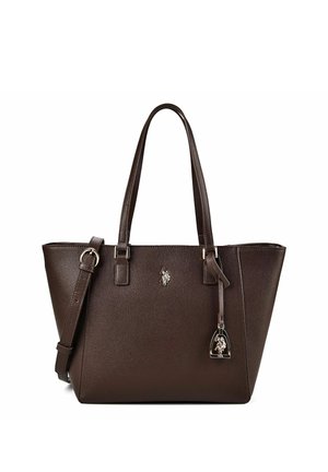 Borsa tote in pelle marrone scuro testurizzata con doppio manico, tracolla staccabile ed emblema logo argentato sul davanti.