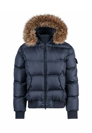 Donkerblauwe gewatteerde winterjas met ritssluiting aan de voorkant, geribde boorden en zoom, en capuchon afgezet met bruine nepbont.