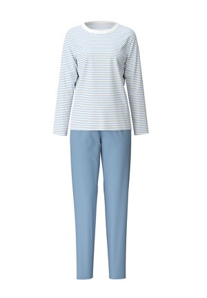 Maglietta a righe a maniche lunghe bianca e blu, abbinata a pantaloni attillati azzurri chiari. Tessuto morbido con scollatura a girocollo e vita elastica.