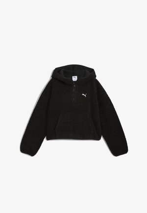 Czarna bluza z polaru marki Puma z półzamkiem, kieszenią kangurką, długimi rękawami i małym białym logo Puma na piersi.