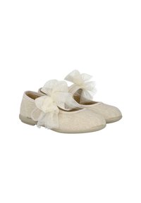 Bailarinas beige con textura de malla, que presentan grandes lazos de tul a cada lado y una suela de goma suave.