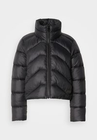 Casaco puffer preto cropped com gola alta, apresentando fecho em zip, costura em chevron e textura suave.
