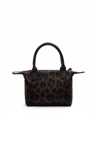 Leopard print handbag with black leather handles and accents, zip closure, and a textured fabric surface. Compact, structured shape.