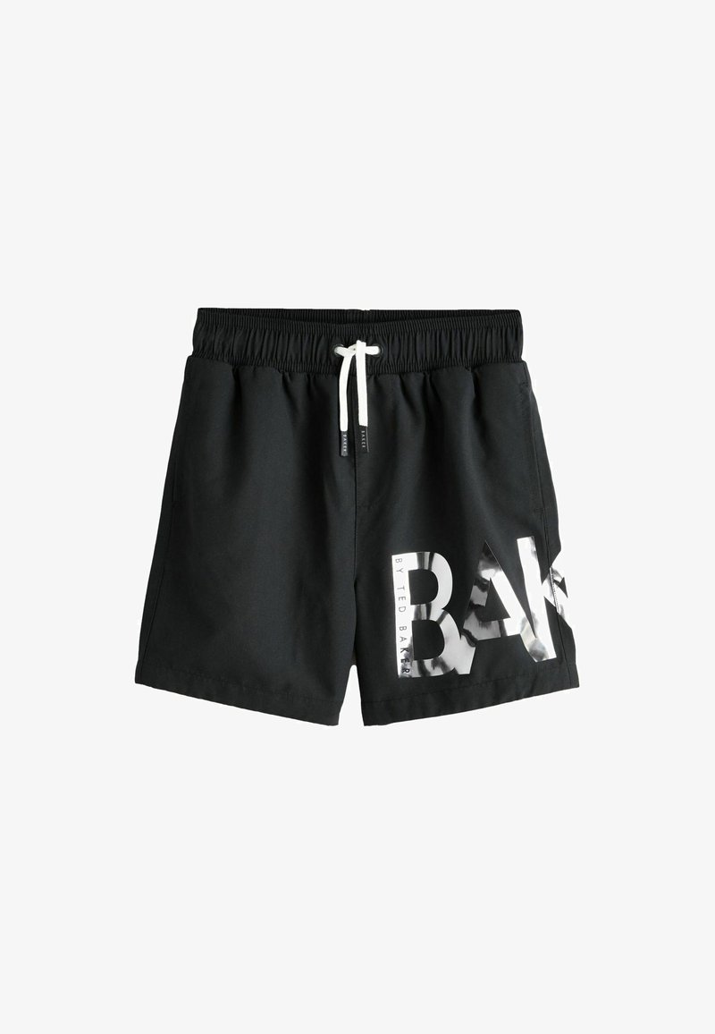 Bañador negro con cintura elástica, cordón blanco y logotipo plateado brillante en la pierna izquierda. Tejido liso con un ajuste estándar.