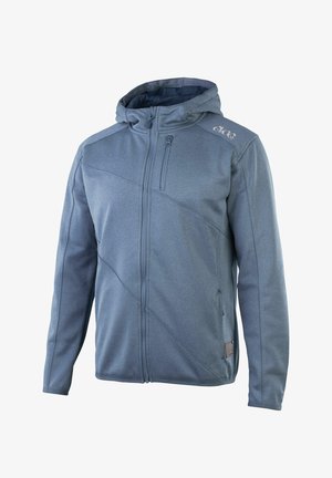 Blue, zip-up hoodie made from soft fabric; features a hood, side pockets, and a diagonal seam design with a small logo on the chest.