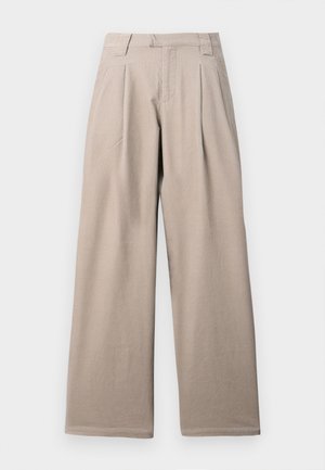 Beige wide-leg trousers made of textured fabric, featuring front pleats and a traditional waistband. Straight legs with a clean hem finish.