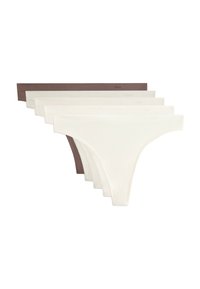 Viiden pahkojen alushousujen pakkaus, joissa on vaihtelevaa beige- ja ruskeasävyä. Ominaisuuksia pehmeä kangas, kapea elastinen vyötärönauha ja saumanrajoittamat reunat.
