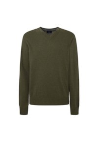 V-neck pullover sweater in dark olive green, made from soft knit fabric, with long sleeves and ribbed hem and cuffs.