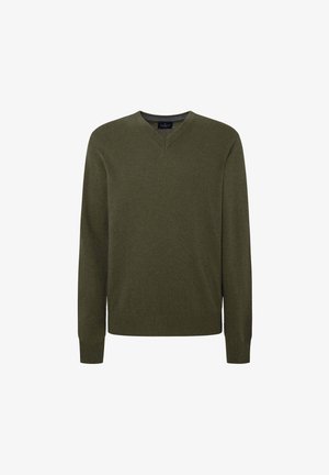 Pullover-Sweater mit V-Ausschnitt in dunklem Olivgrün, aus weichem Strickstoff, mit langen Ärmeln sowie geripptem Saum und Bündchen.