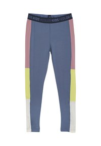 Flerfärgade tights med blå bas som har paneler i rosa, gult och vitt. Elastisk midja med texten "FÄRG: BARN". Slät textur.